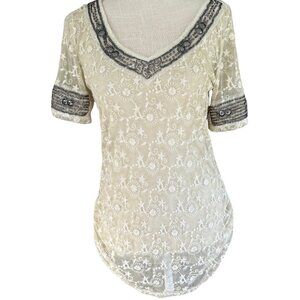 Black Swan Cream Lace Beaded Boho Blouse Women’s Small Romantic Top